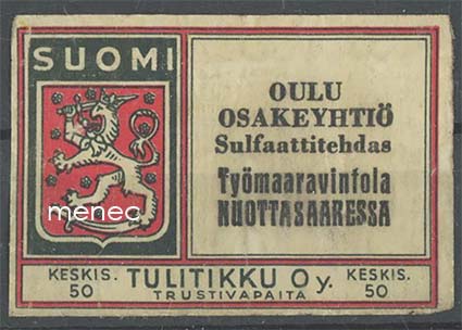 Tulitikkuetiketti, Oulu Oy Sulfaattitehdas. Työmaaravintola Nuottasaaressa 