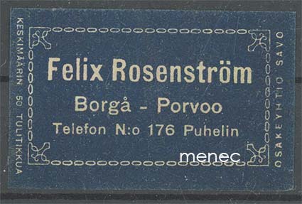 Kauppiasetiketti, Felix Rosenström, Porvoo 