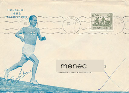 Paavo Nurmi -olympiakortti, kulkenut Ruotsissa 