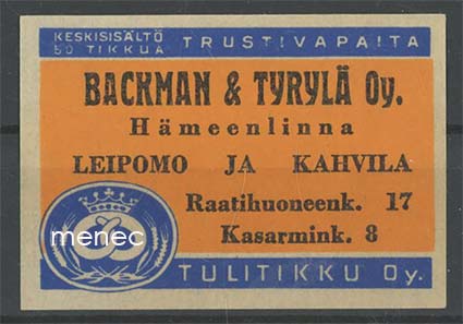Kauppiasetiketti, Backman & Tyrylä, Hämeenlinna 