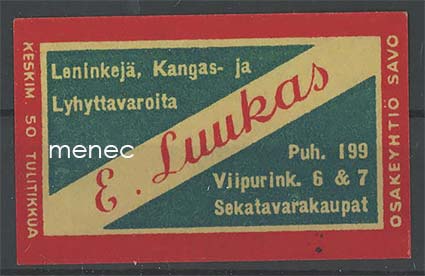 Kauppiasetiketti, E. Luukas, Helsinki 