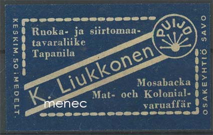Kauppiasetiketti, K. Liukkonen, Tapanila, Helsinki 