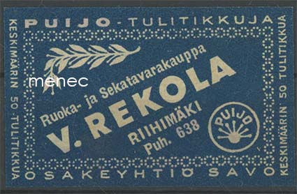 Kauppiasetiketti, V. Rekola, Riihimäki 