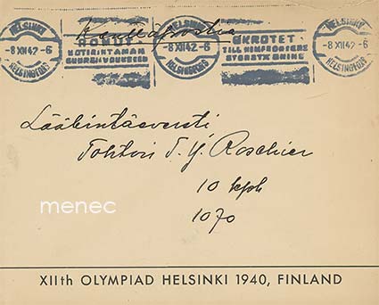 Kenttäpostia lääkintäeversti Roschierille, olympia 1940 -kuorella 
