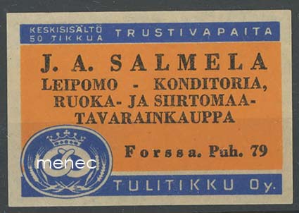 Kauppiasetiketti, J. A. Salmela, Forssa 