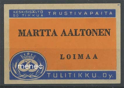Kauppiasetiketti, Martta Aaltonen, Loimaa 