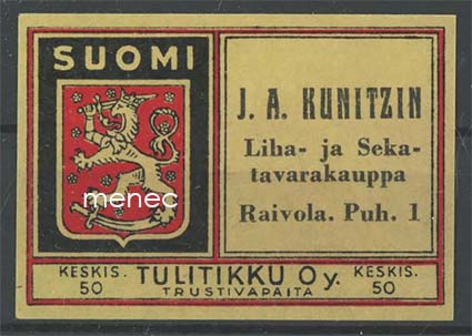 Kauppiasetiketti, J. A. Kunitzin, Raivola 