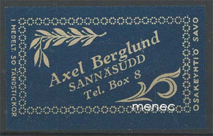 Kauppiasetiketti, Axel Berglund, Sannäsudd [sic], Tammisaari 