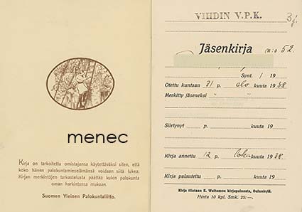 Vihdin VPK, jäsenkirja 1938 