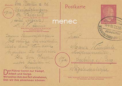 Saksa, ehiö 6 Pf, hyvin myöhäinen junaleima 10.4.1945 