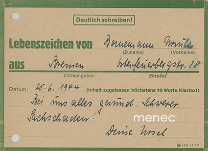 Elonmerkkikortti Bremenistä 25.6.1944 SS-miehelle Lappiin 