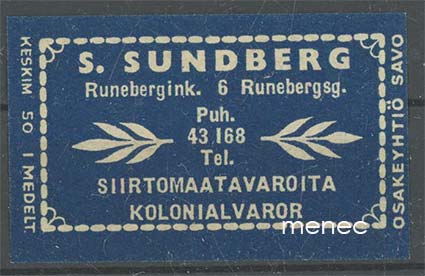 Kauppiasetiketti, S. Sundberg, Helsinki 
