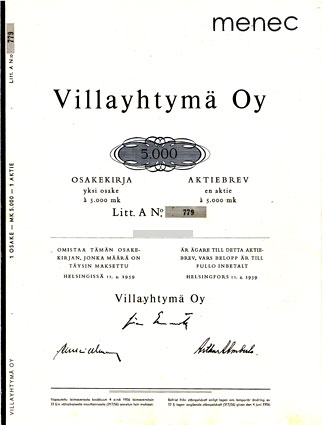 Villayhtymä Oy, osakekirja 11.4.1959, 5000 mk 