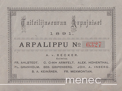 Taiteilijaseuran arpajaiset 1891. Arpalippu 